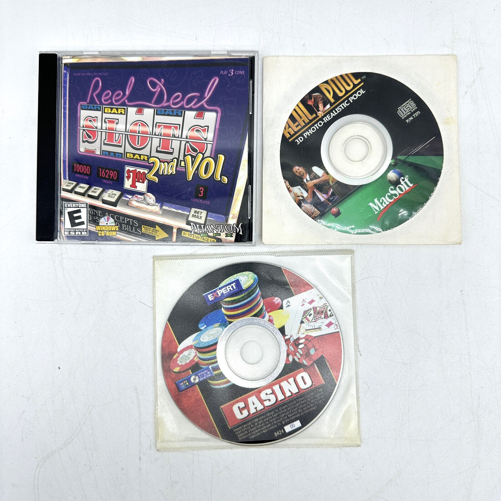 Lot of 3 Vintage PC Games: Reel Deal Slots 2nd Vol, Real Pool 3D, Casino
