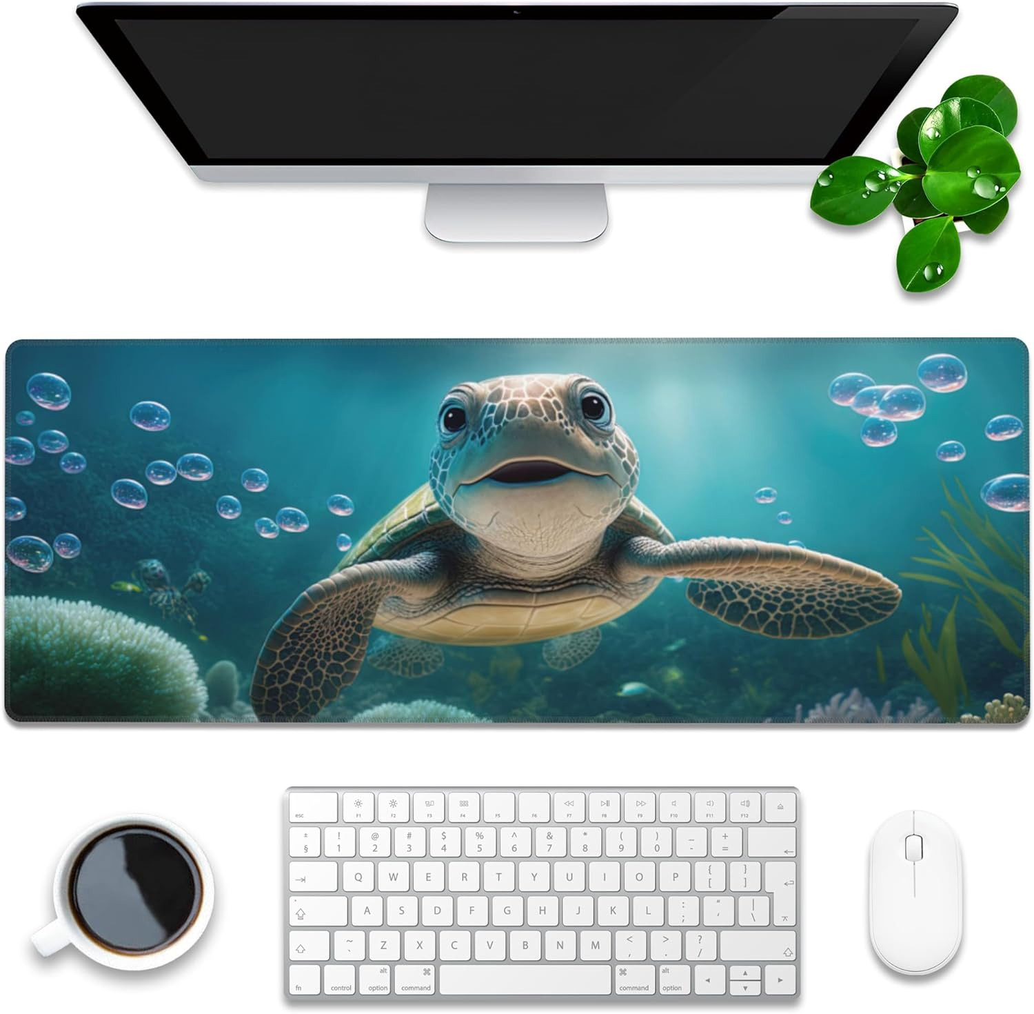 Desk Mat, Cute Turtle Smiling under the Sea Extended Gaming Mouse Pad Large, 31.