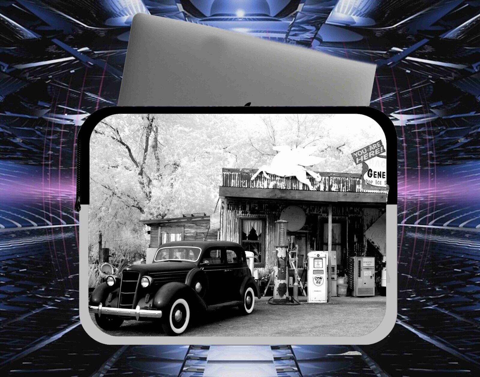 1935 Old Gas Station Art 17.5 x 14 Computer Tablet Laptop Neoprene Sleeve Case