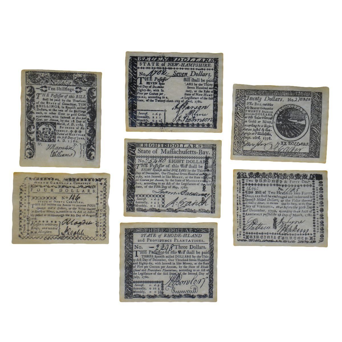 Colonial Era British Revolutionary War Replica Currency Set 7 Paper Money Notes