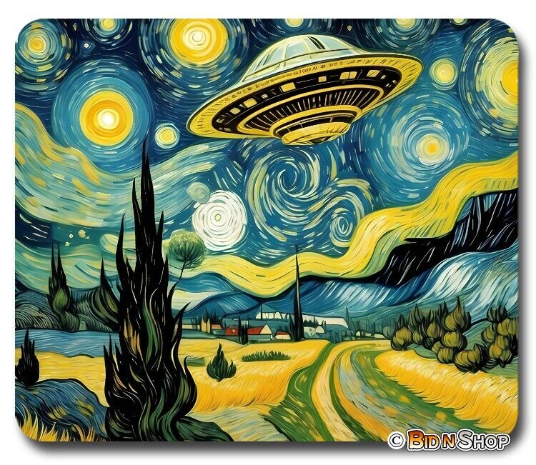 Van Gogh Starry Night & UFO Aliens - Mouse Pad / PC Mousepad - Fun Art Meme GIFT