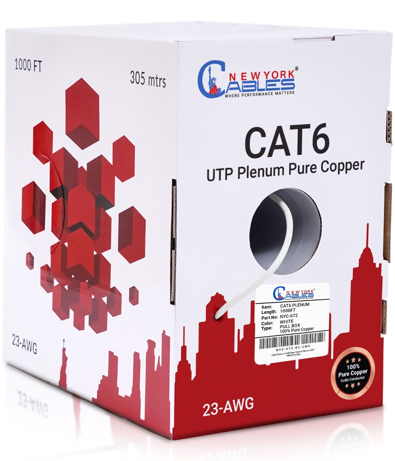 CAT6 Plenum (CMP) 1000ft Solid Copper 550MHz 23AWG UTP Bulk Ethernet Cable Blue