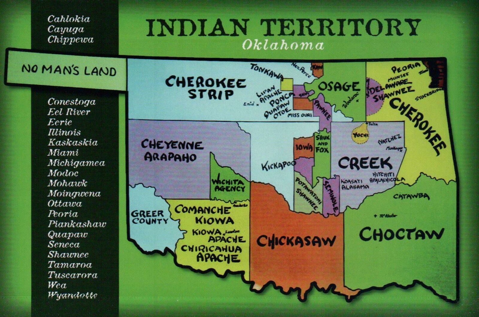 Indian Territory Oklahoma, Native American Lands Cherokee etc State Map Postcard