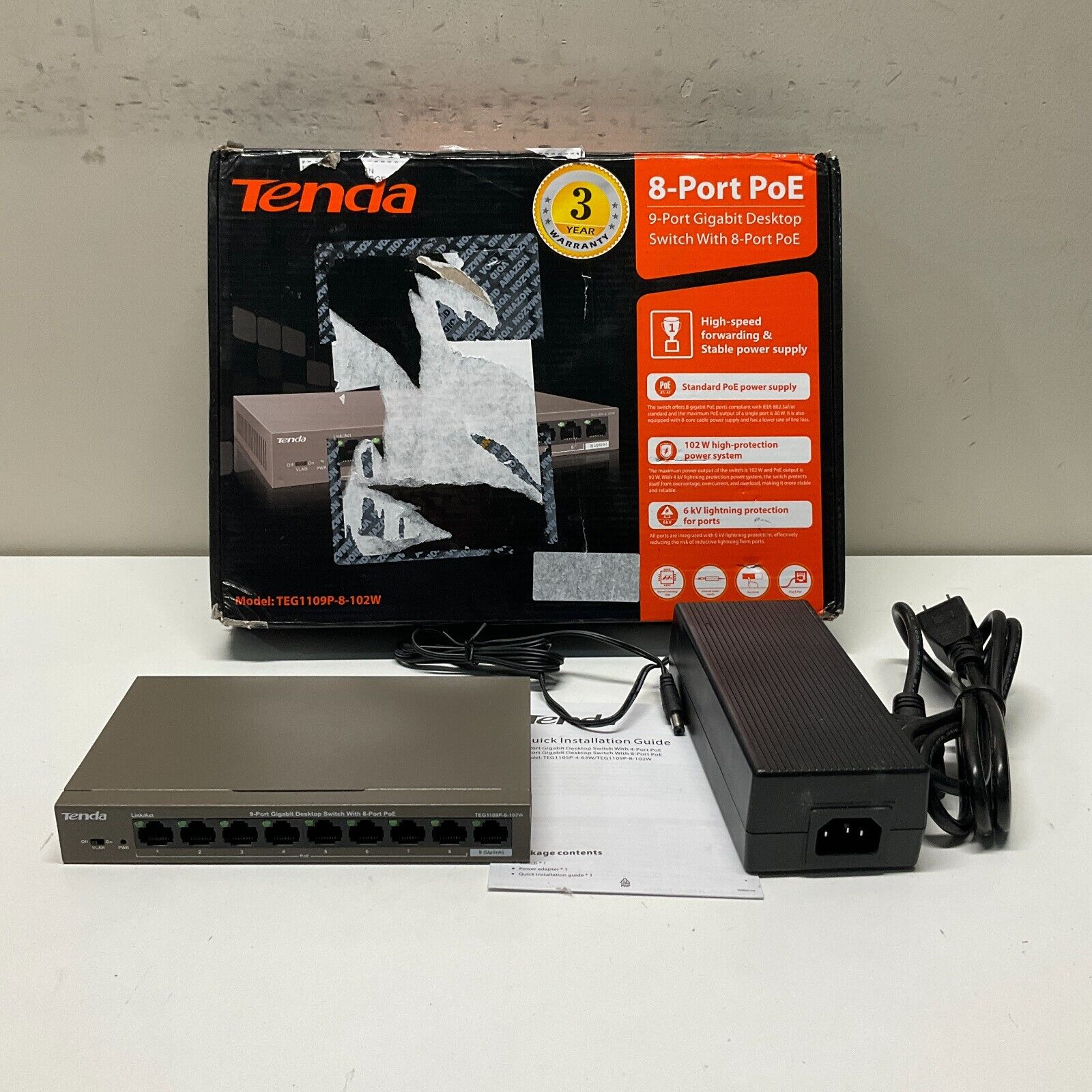 Tenda TEG1109P-8-102W 9-Port Gigabit Desktop Ethernet Switch Hub with 8-Port