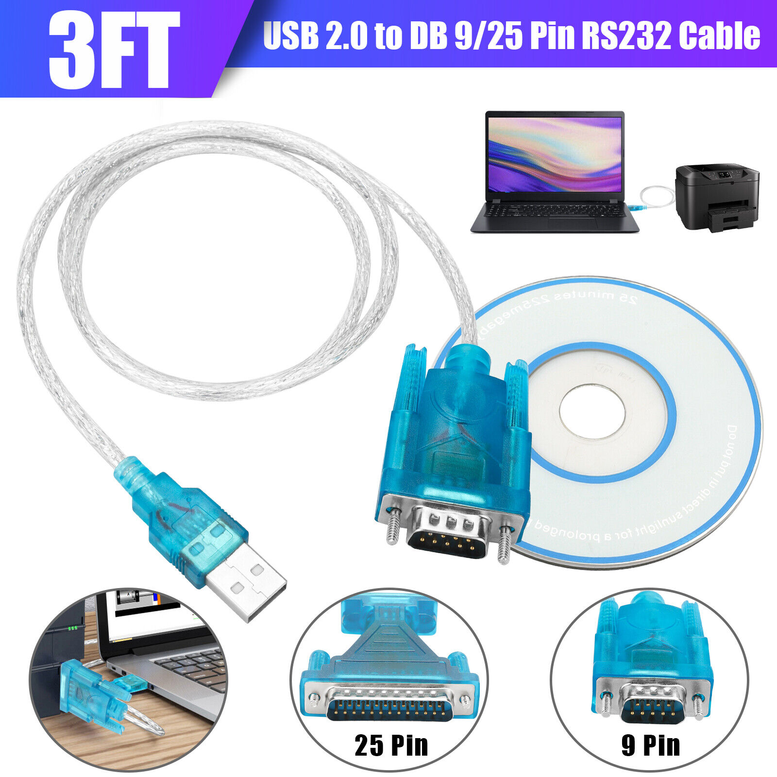 3Ft USB 2.0 to DB9 RS232 Serial Computer Converter 9 Pin w/25 Pin Male Cable PDA