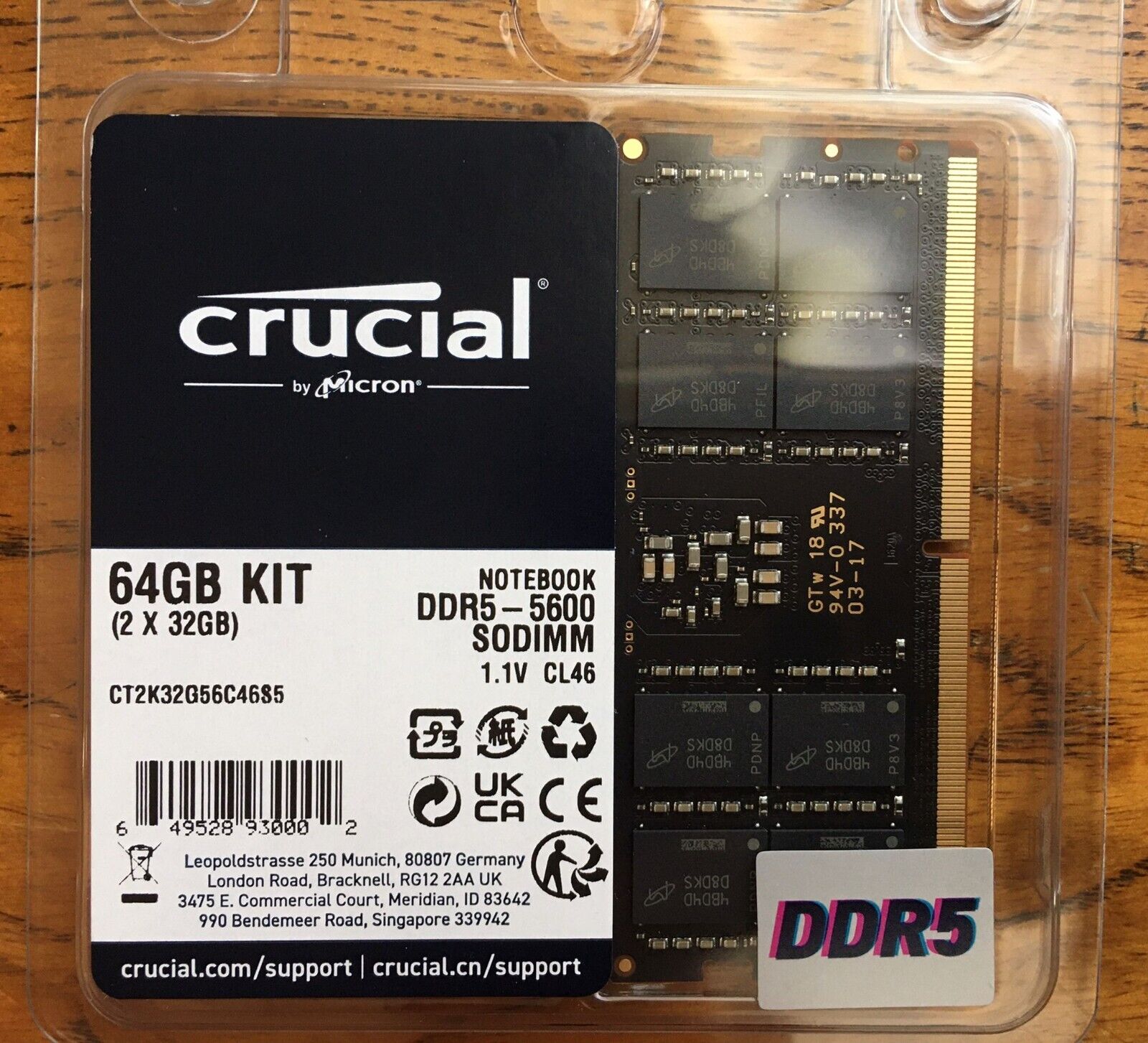 Crucial 64GB Kit (2x 32GB) DDR5 5600 PC5-44800 Laptop Memory CT2K32G56C46S5