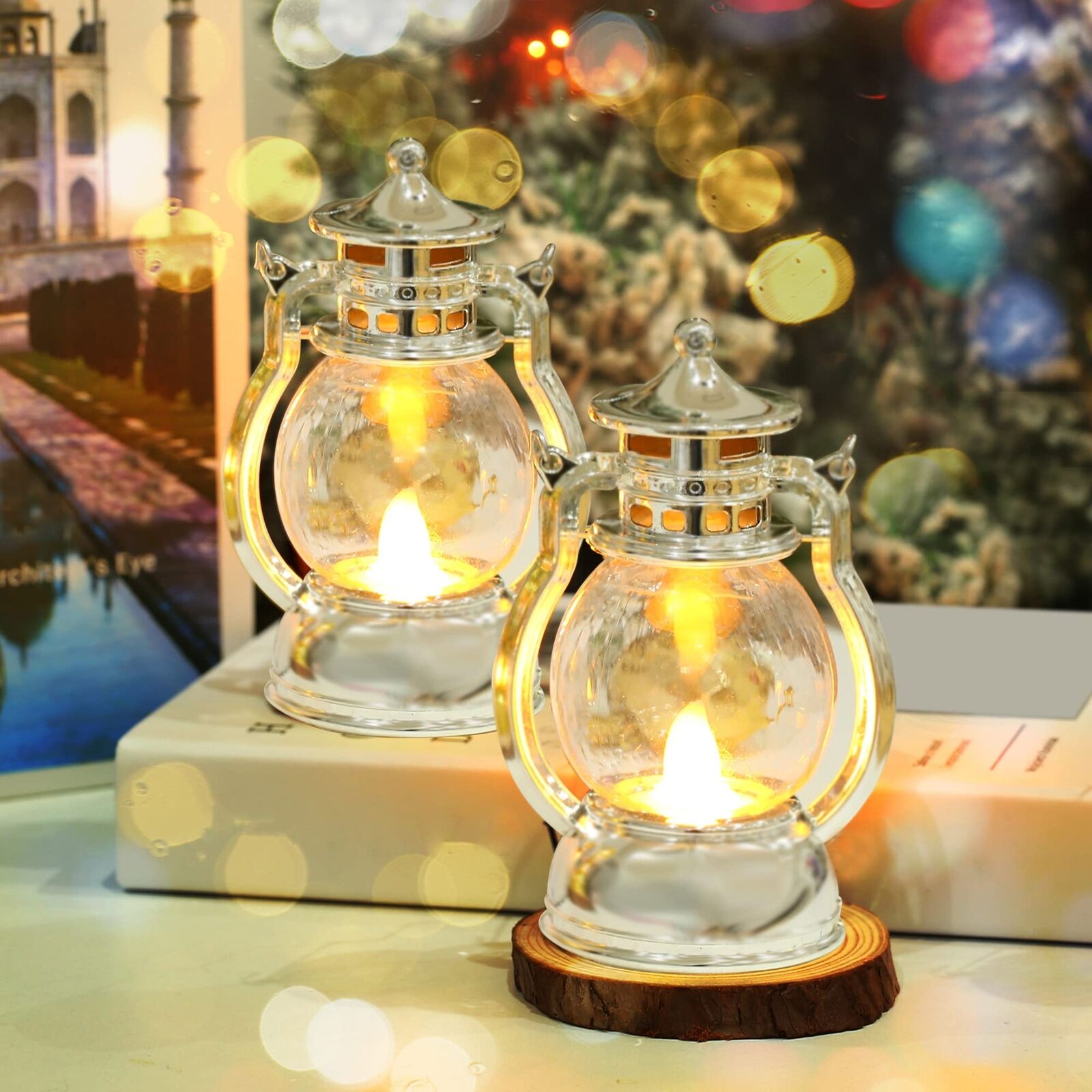 2-Pack Christmas Decorative Lanterns with Flickering LED Light, 5“ Mini Vintage
