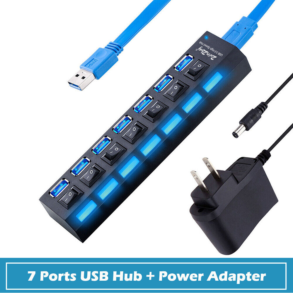 7 Port USB 3.0 Hub High Speed Splitter Box Power Adaptor Charger ON/OFF Switch