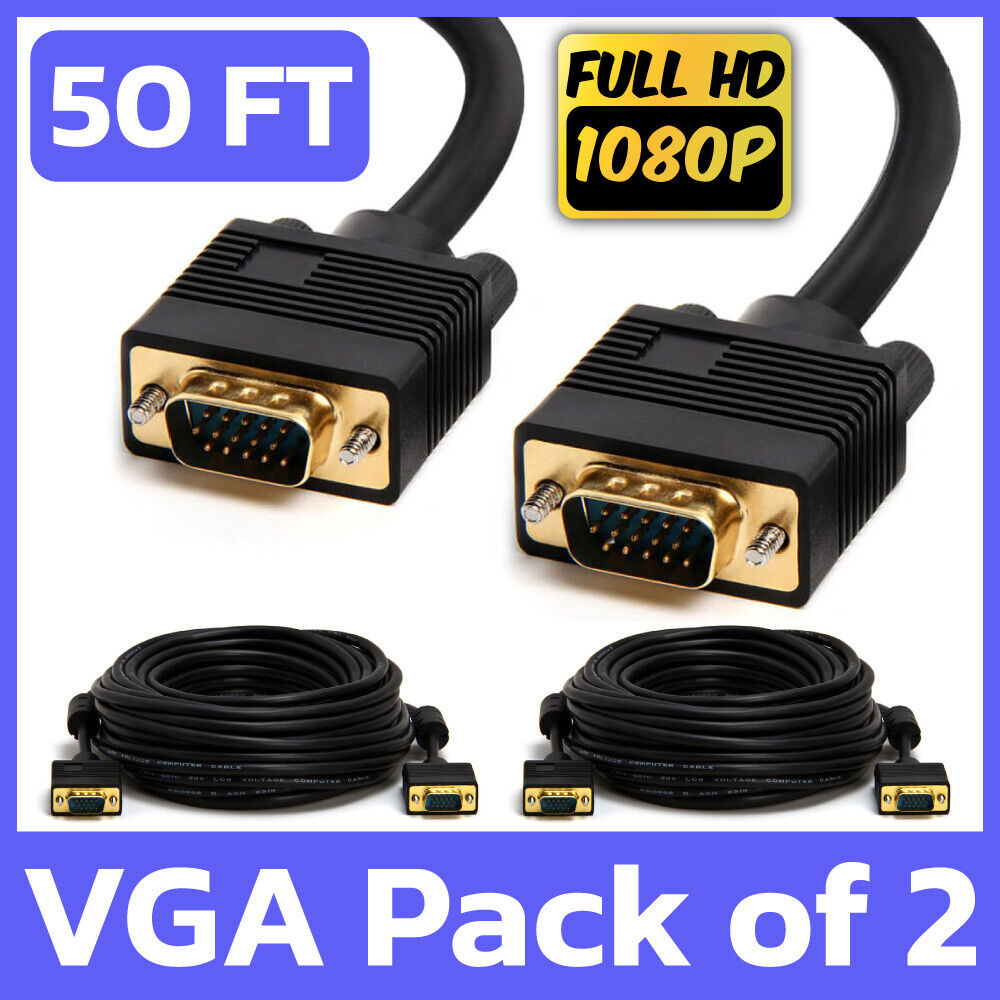 2 Pack VGA Cable 50 Feet 15-Pin D-Sub Male Cord Computer PC TV Monitor Projector