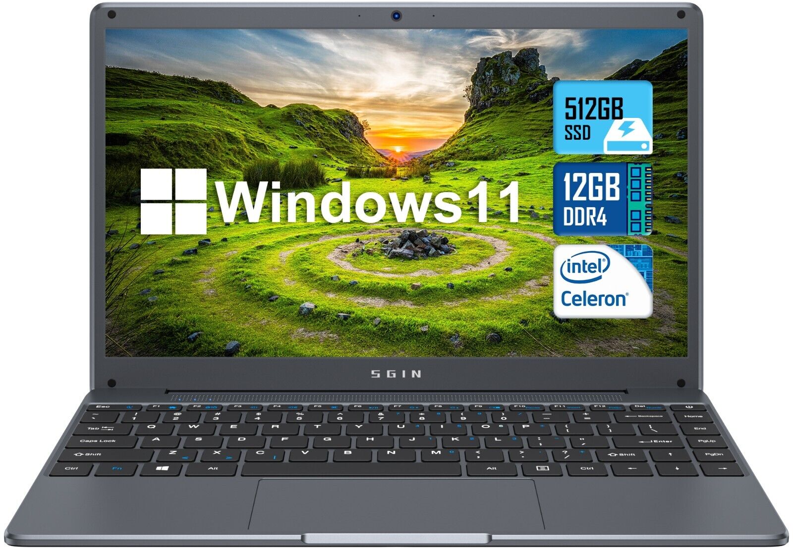 SGIN 14 Inch Laptop 12GB DDR4 512GB SSD Notebook 2.80Ghz Dual Core HDMI USB 3.0