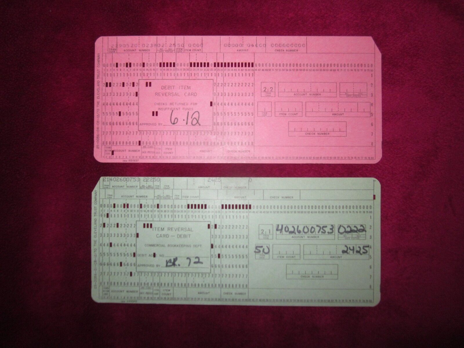 Two (2) Vintage IBM Computer Punch Cards 1 Pink, 1 Green