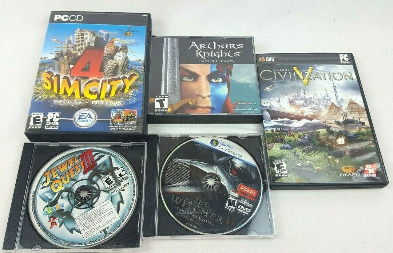 Lot of 5 PC Games-Sim 4, CivilizationV, Arthurs Knights, Witcher, Jewel Quest 3 