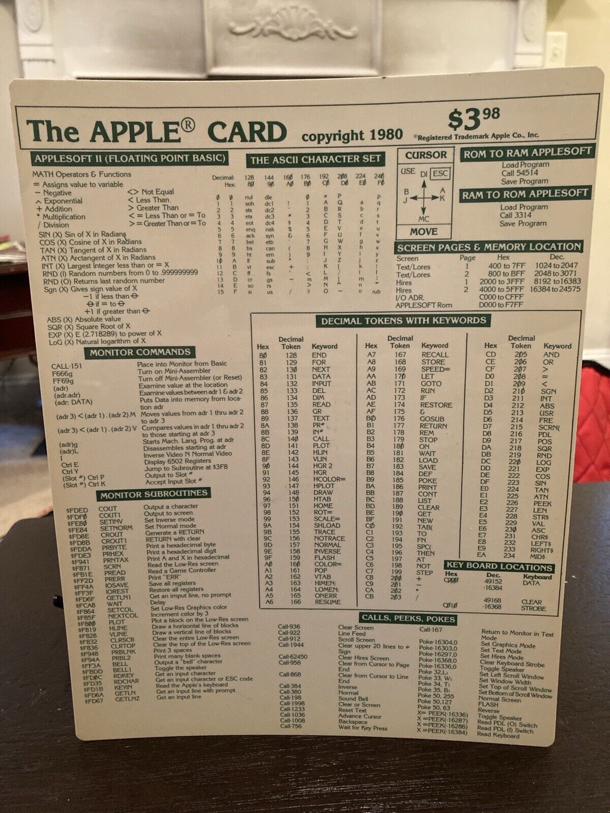 THE APPLE CARD 1980 Quick Reference Card PLASTIC DOUBLE SIDED RARE VHTF