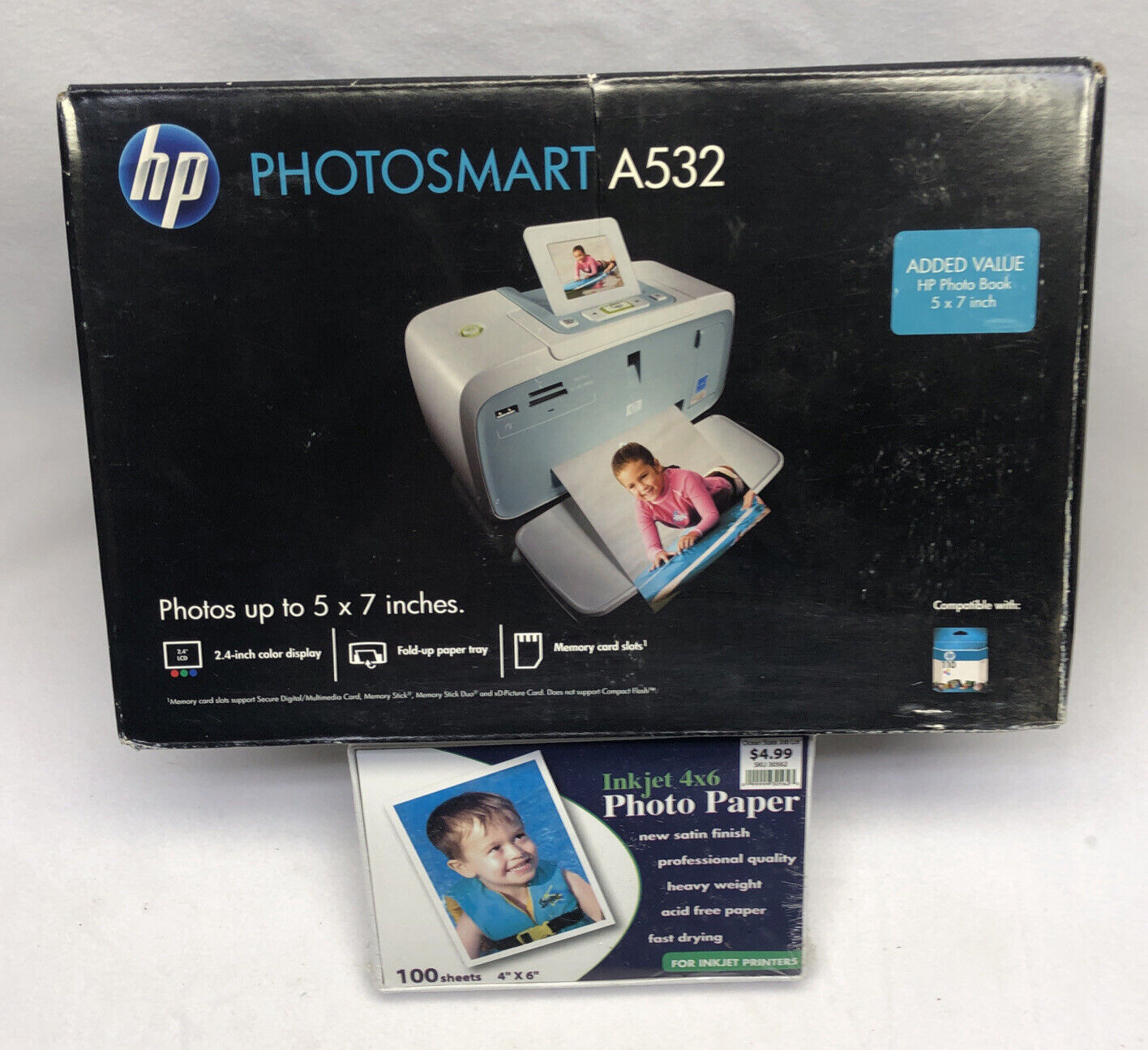 HP Photosmart A532 Digital Photo Printer New Sealed Box W/100 Pack Photo Paper