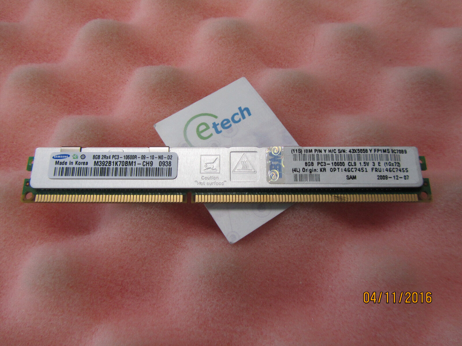46C7451 - 8 GB 2rx4 PC3-10600R ECC DDR3-1333 VLP RDIMM, 46C7455 for HS22 HS22v