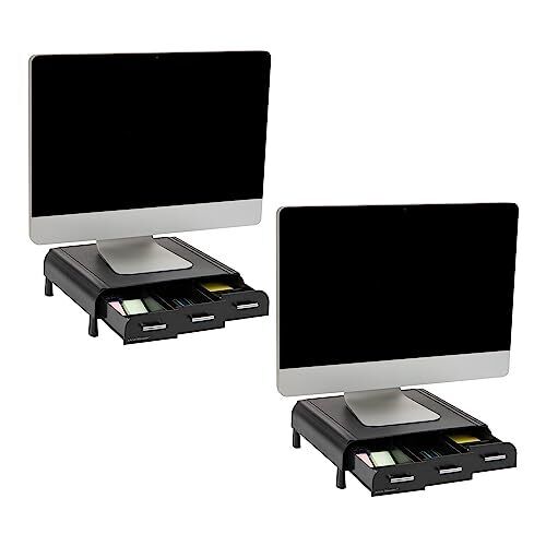 Mind Reader Monitor Stand, Set of 2, 3 Storage Drawers, Desktop 2-Pack, Black 