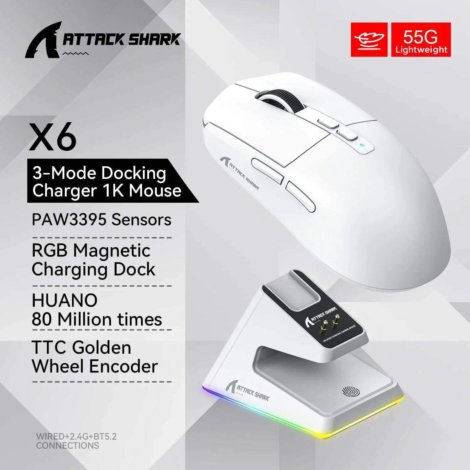 Attack Shark X6 Bluetooth Mouse , PixArt PAW3395, Tri-Mode Connection