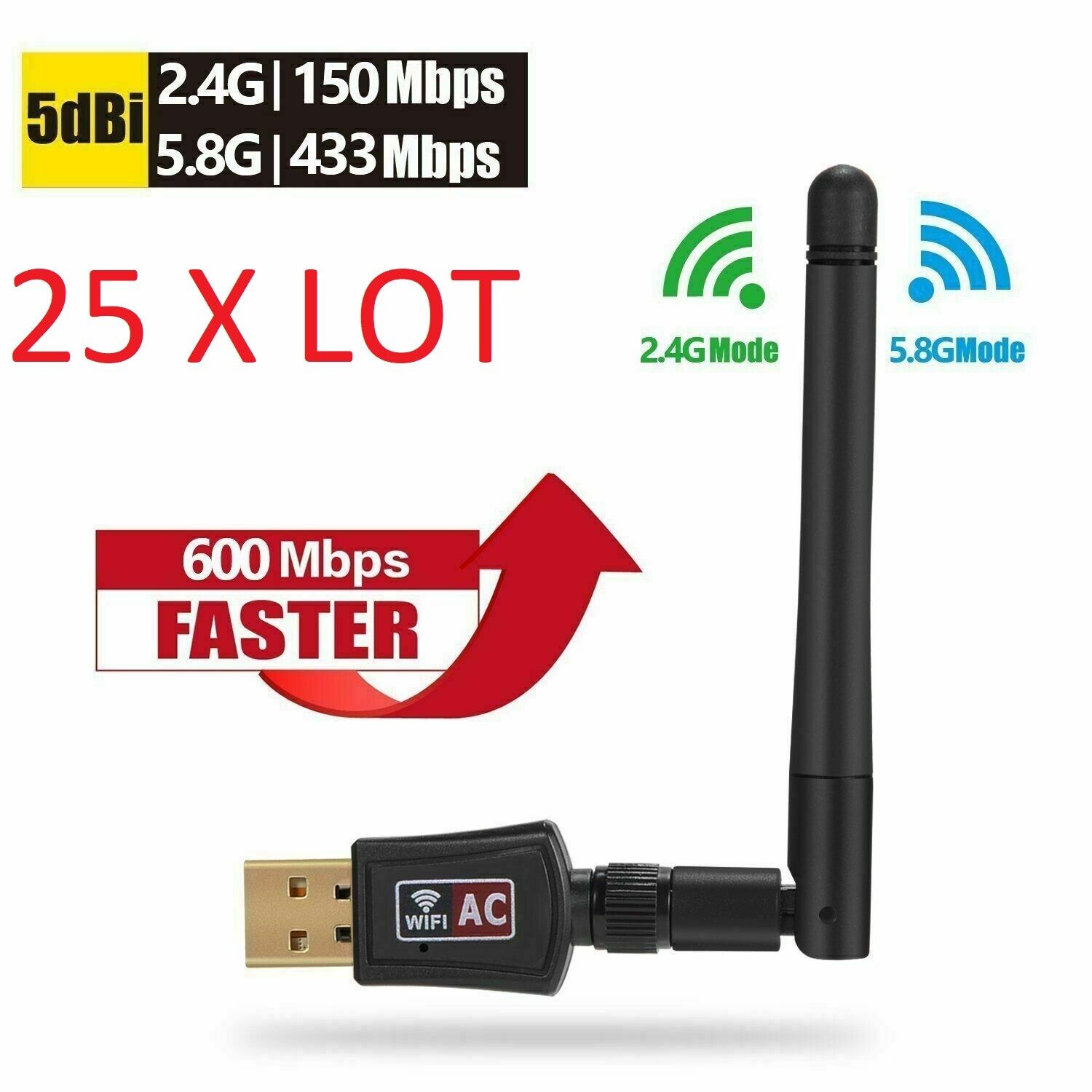 25X LOTAC600 Mbps Dual Band 2.4/5Ghz Wireless USB WiFi Network w/Antenna 802.11