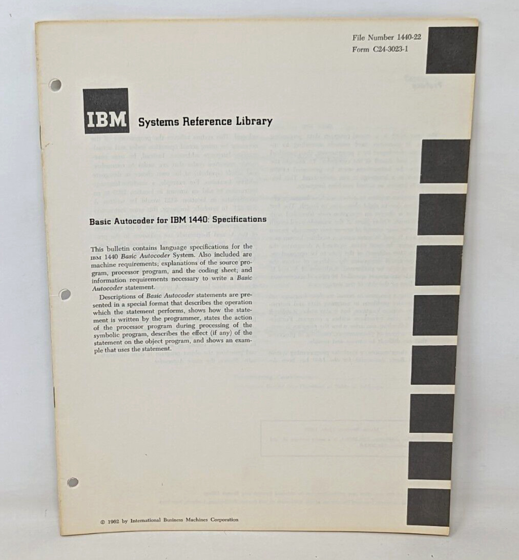 VTG 1963 IBM Systems Reference Library 1440 Basic Autocoder Manual Booklet OA22