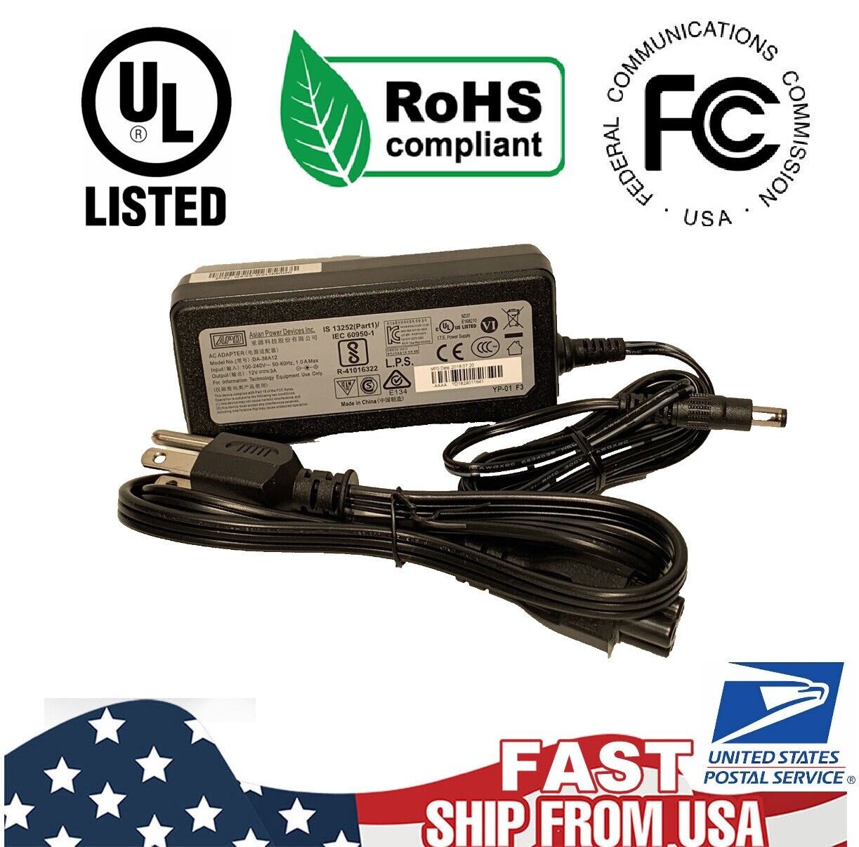 NEW GENUINE APD DA-36A12 AC ADAPTER LACIE HP 12V 3A 36W 5.5 x 2.1mm +POWER CABLE