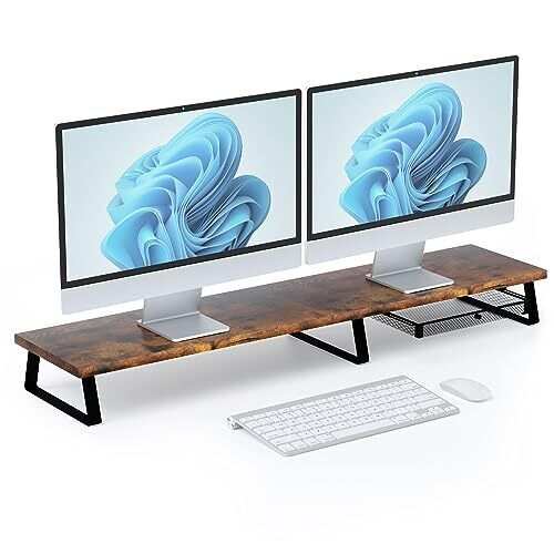 Desktop Dual Monitor Stand Riser - Wood Monitor Stand for 2 Monitors, Compute...