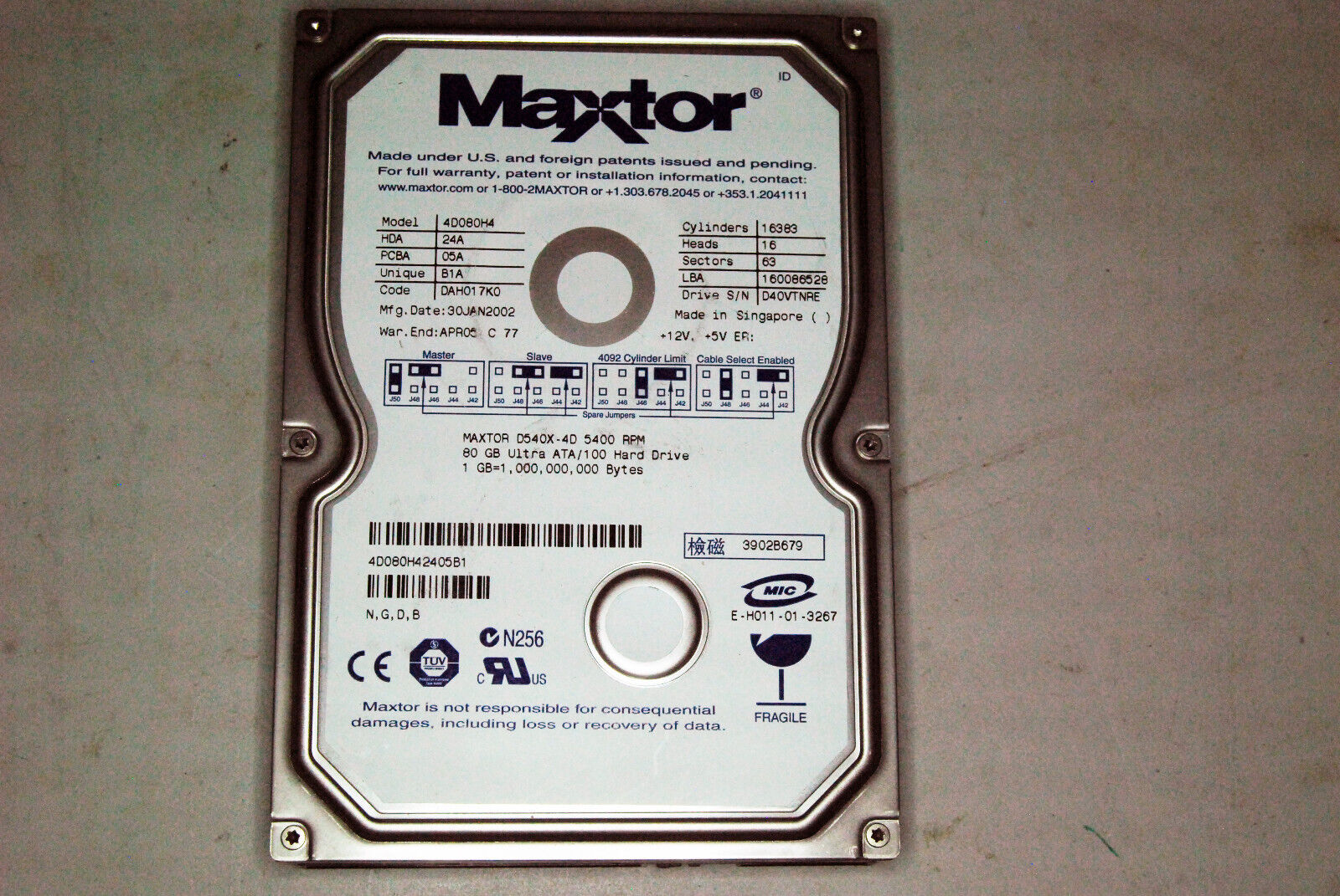 Vintage Maxtor 4D080H4 80Gb ATA100 * ONLY * IDE 3.5