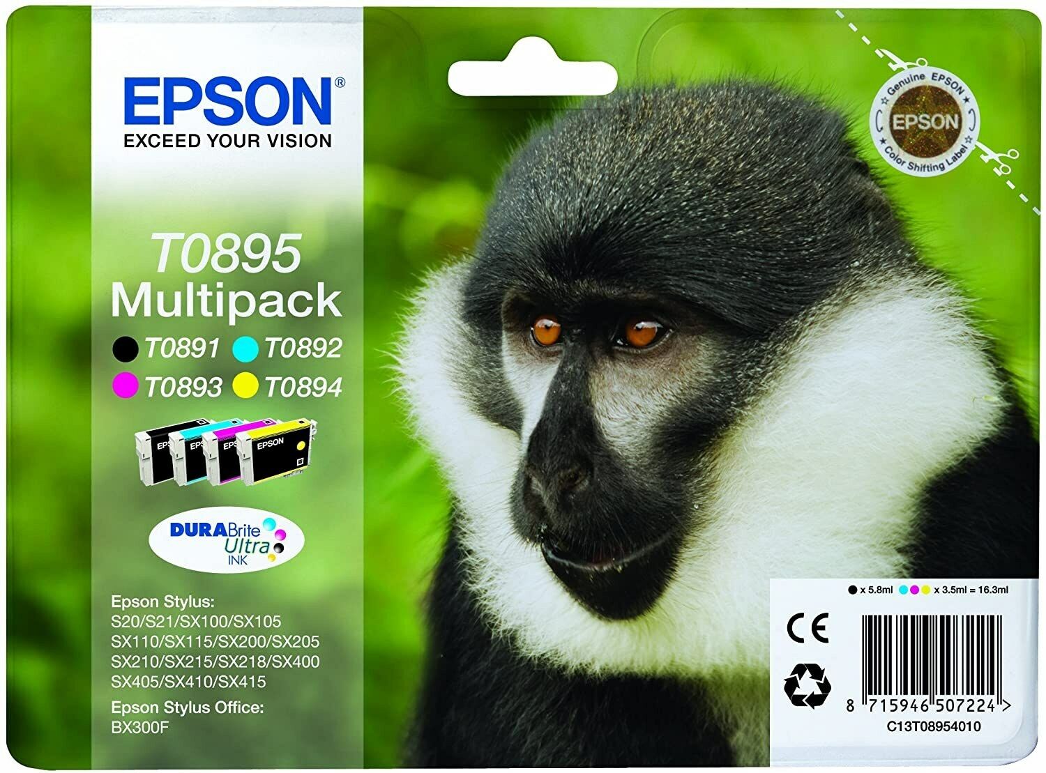 Original Epson Ink Cartridges T0895 Monkey Multipack Economy Set C13T08954010