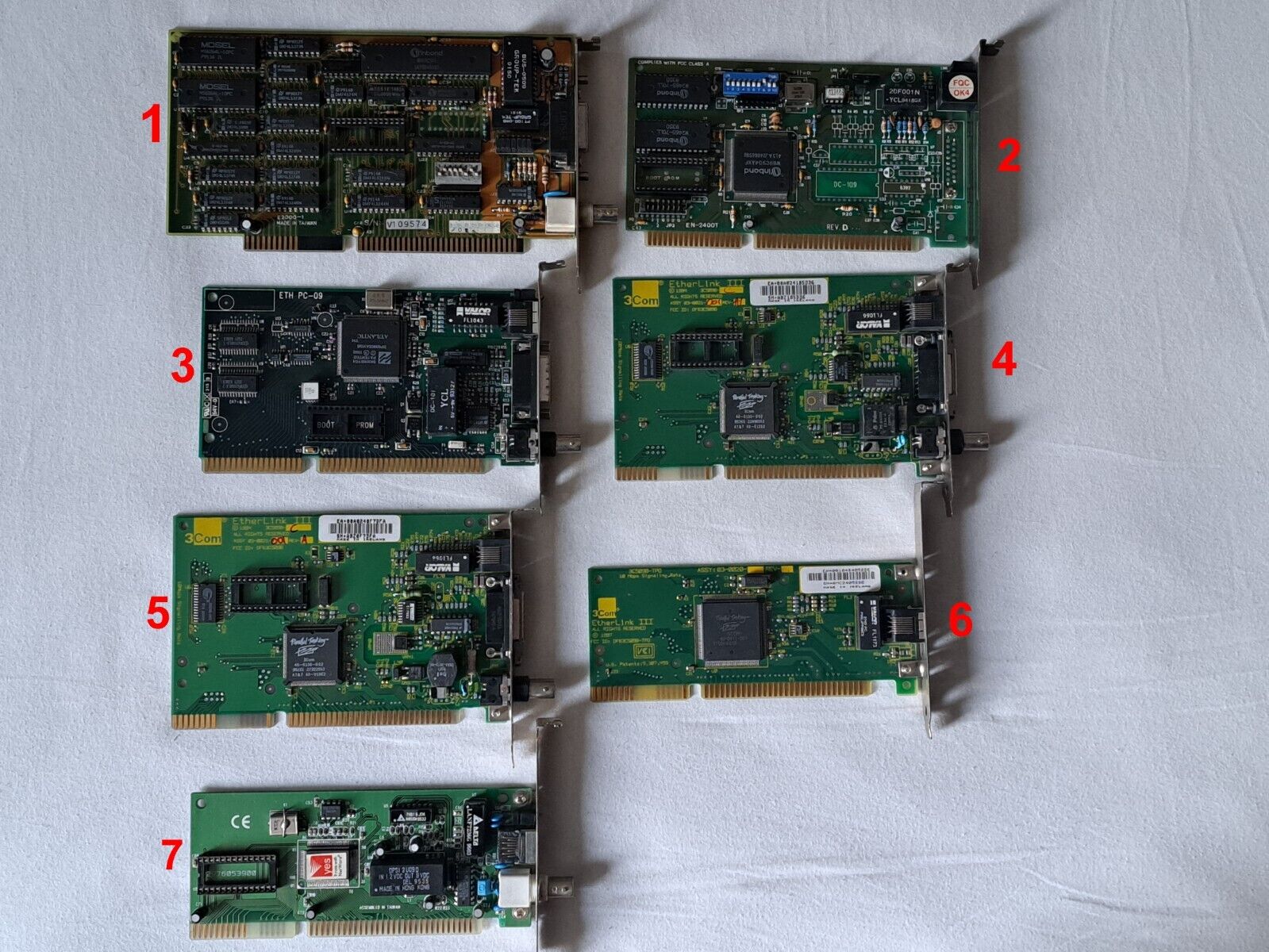 Lot of 7pcs.Vintage Random Computer LAN Ethernet Network Cards ISA 16-Bit.