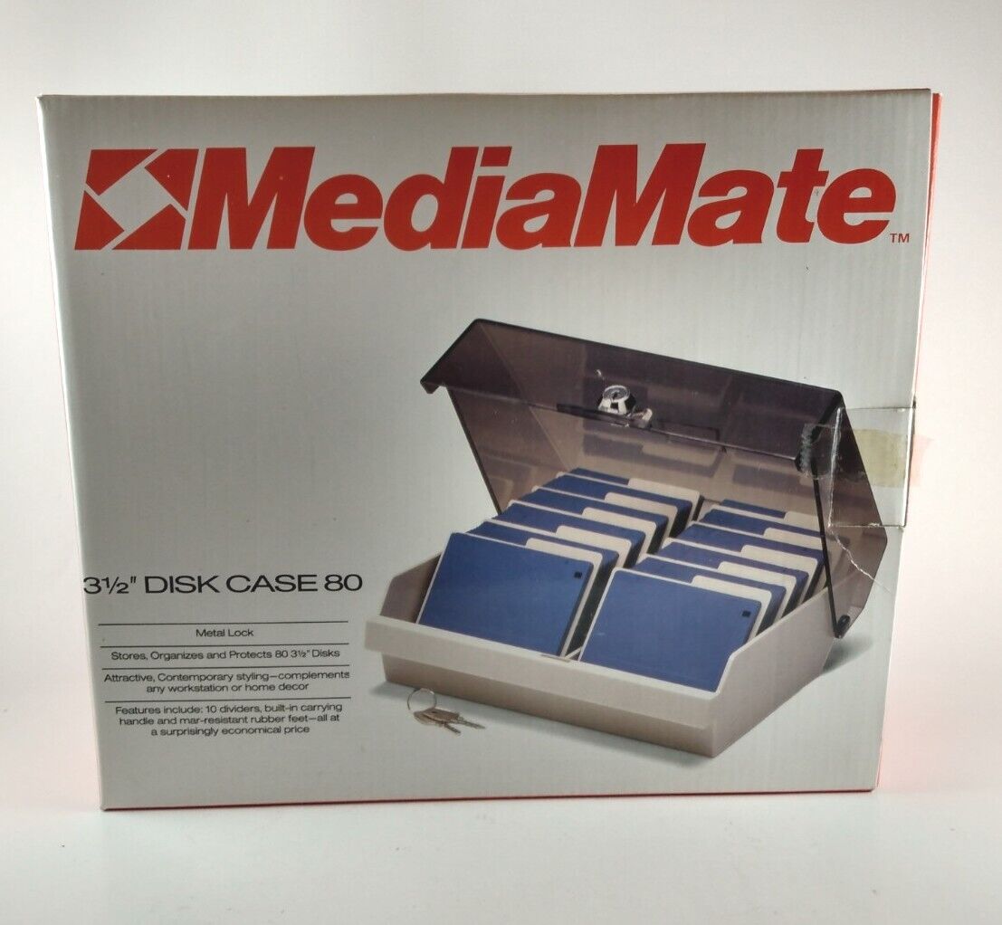 Disk Storage Box With Lock Media Mate 3-1/2 inch Holds 80 Disks NEW in Open Box