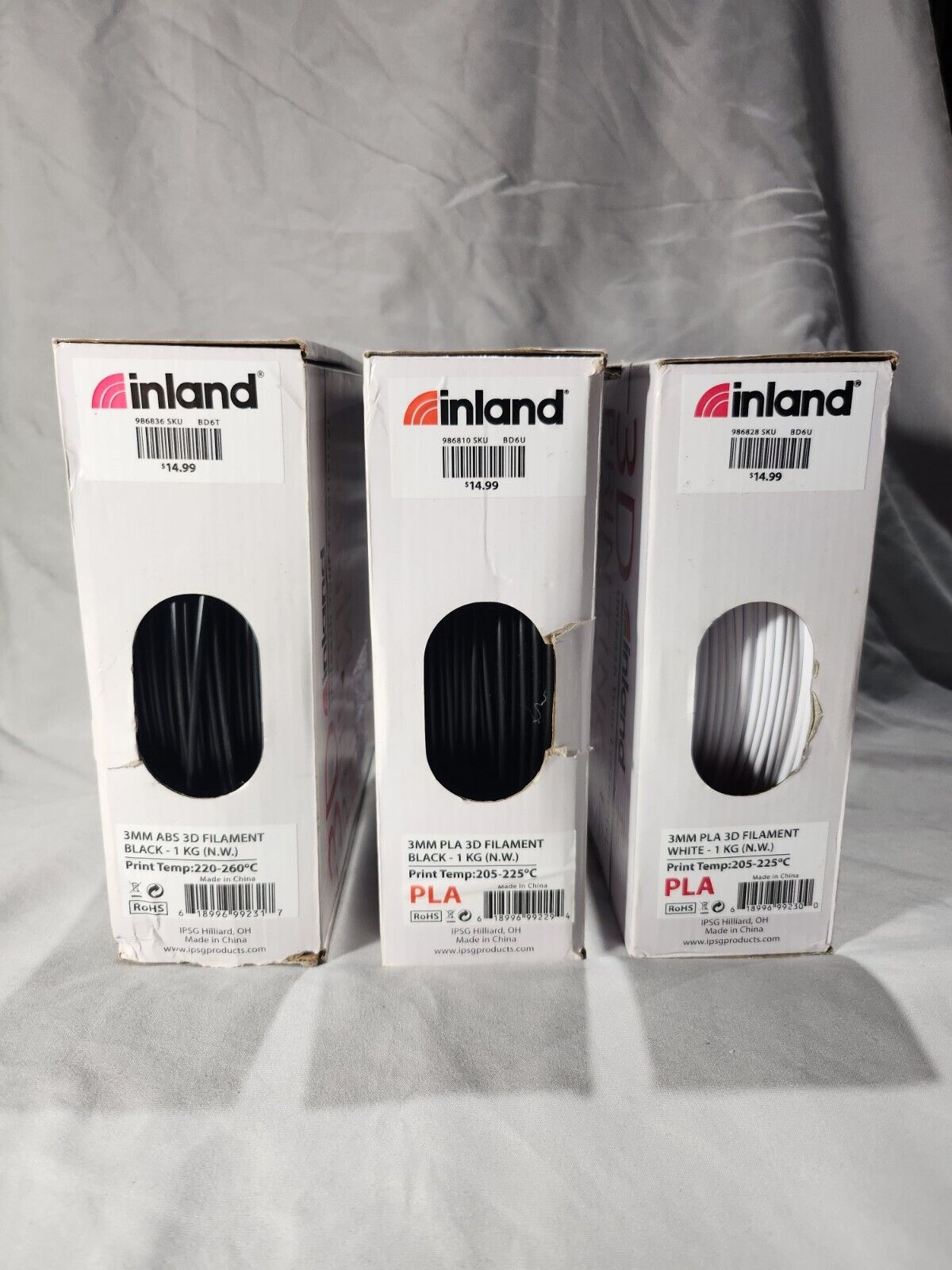 Inland 3D Printer Filament Lot 3x 1kg 3mm Rolls ABS/PLA Black/White Brand New