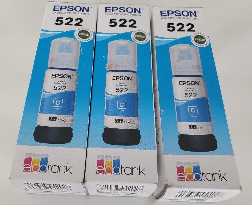 SET of 3 New Genuine FACTORY SEALED Epson 522 Cyan Inkjet Cartridges T522220