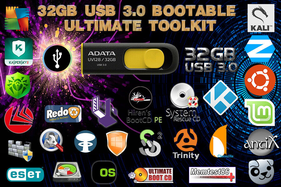 32GB USB 3.0 Bootable Ultimate Tech Tool Kit - 37+ OSes Repair Scan Test Clone