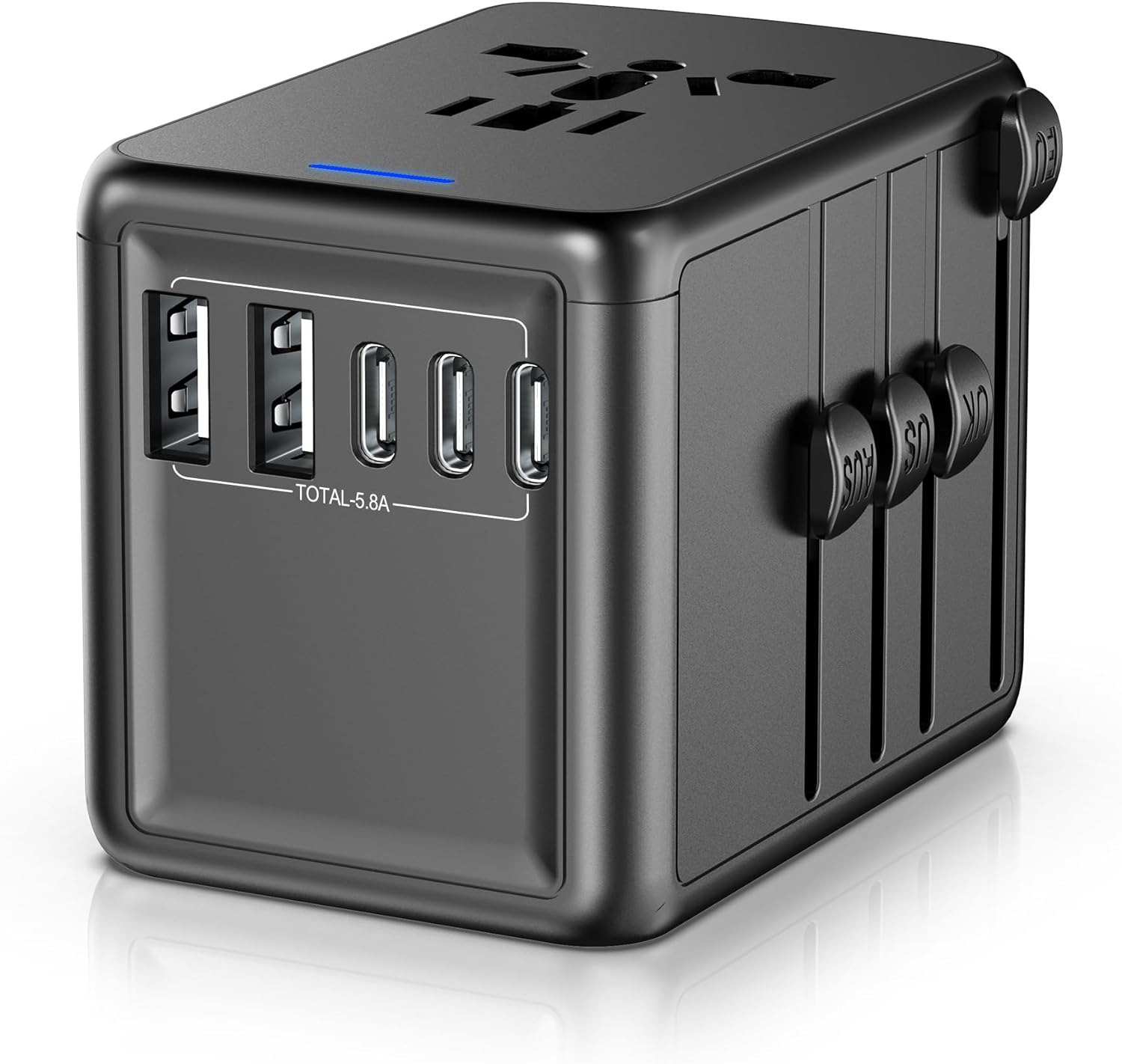 Universal Travel Adapter Offers 5.8A 3X 3.0A USB-C Ports, 2X 2.4A USB-A Ports AC