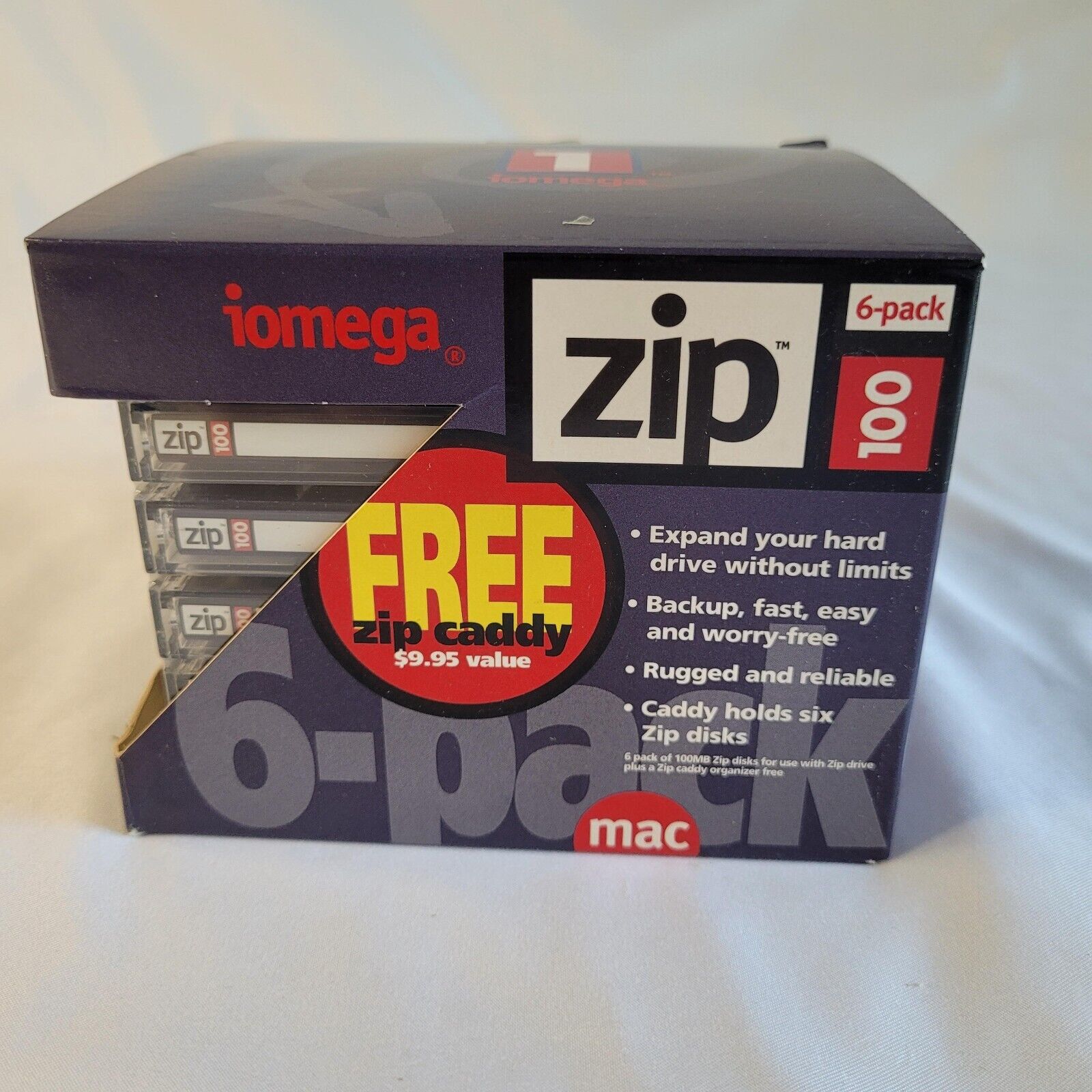 New NOS In Box Iomega Zip Disks w/Caddy Six Pack Mac Formatted