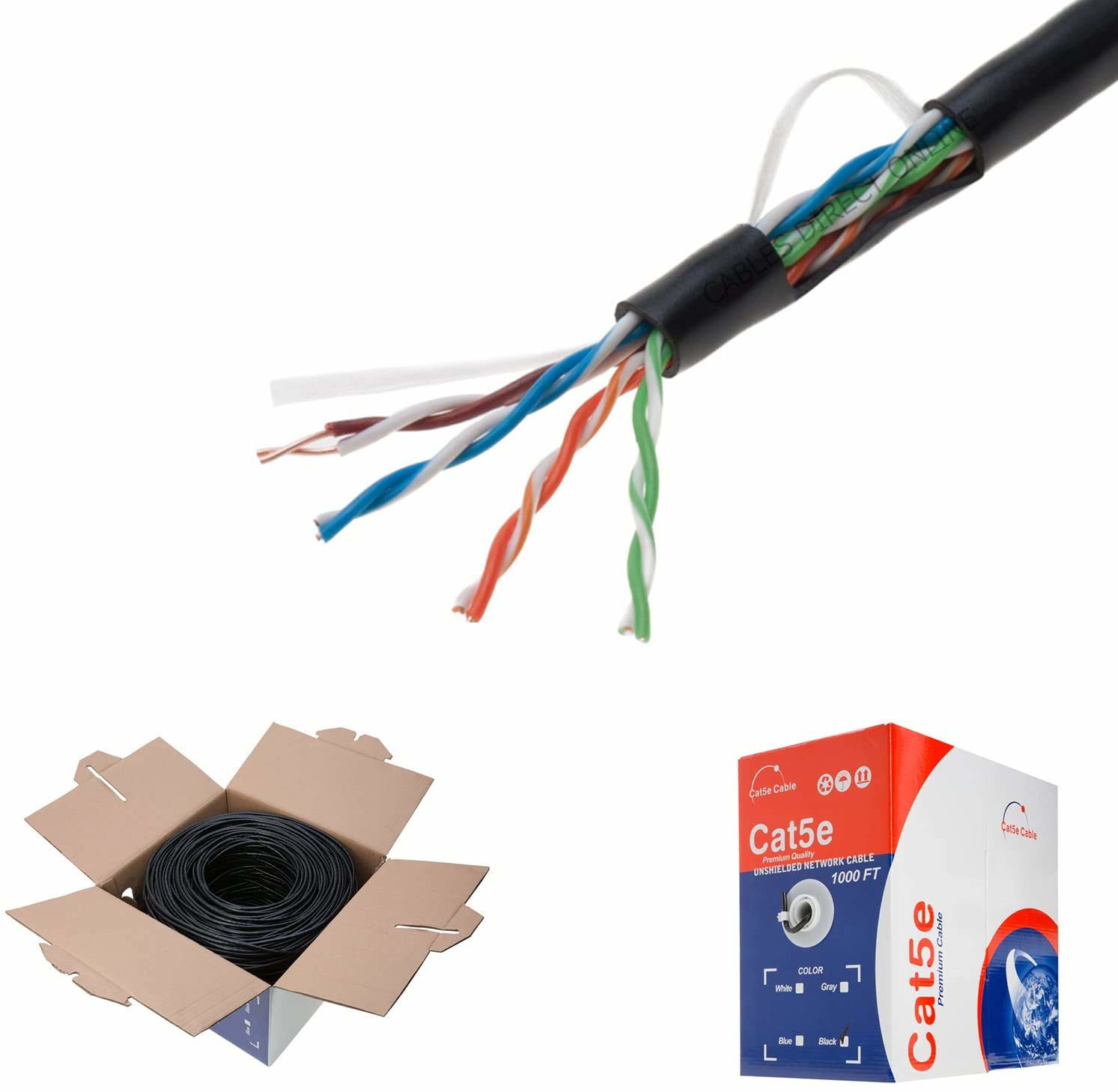 Cables Direct Online Plenum CAT5e 1000FT CMP Cable Black Solid 24 AWG Bulk Box C
