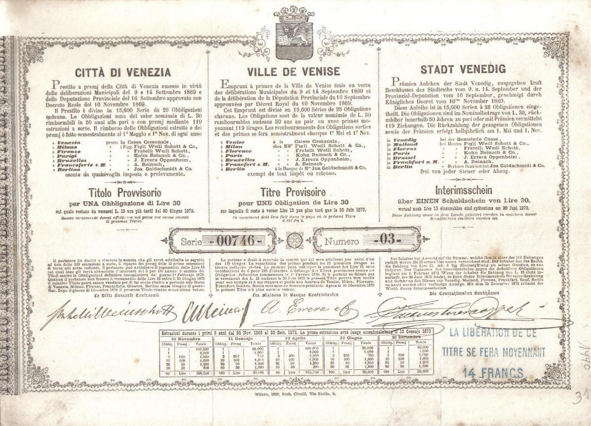 Kingdom Italy Bond Municipal Loan 1869 City Venice Venezia 30 lire Uncancelled
