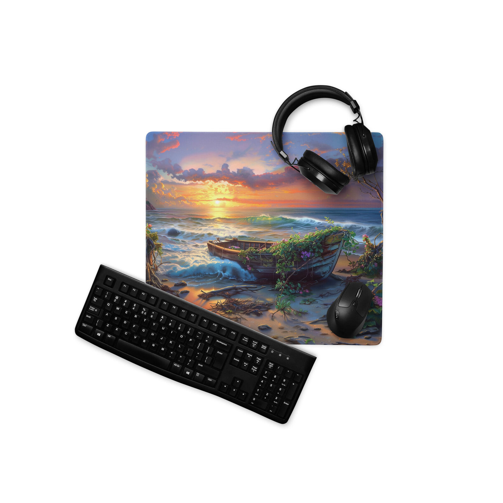 Ocean Sunset Gaming Mouse Pad, Sea Waves XL Mousepad, Nautical Extended Deskmat