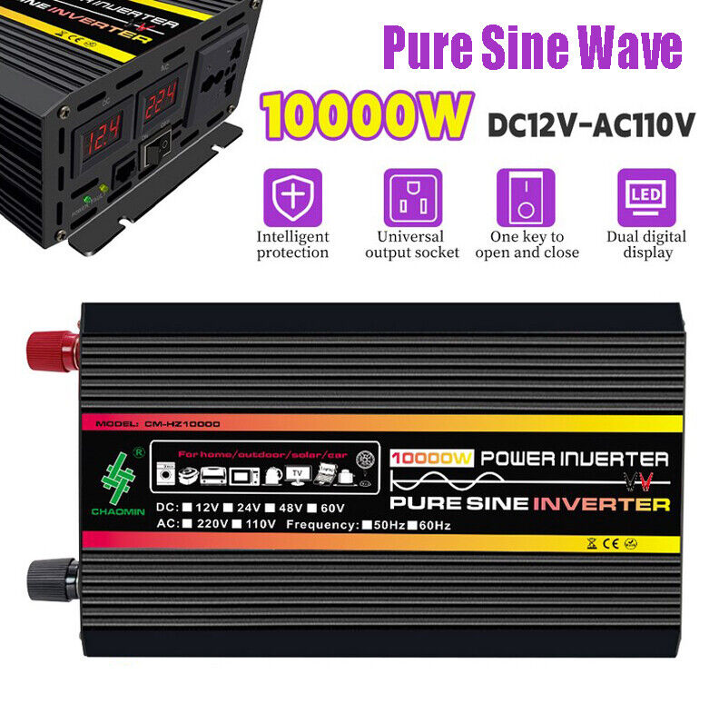 10000W Watts Car Power Inverter DC 12V To AC 110V Pure Sine Wave Converter RV