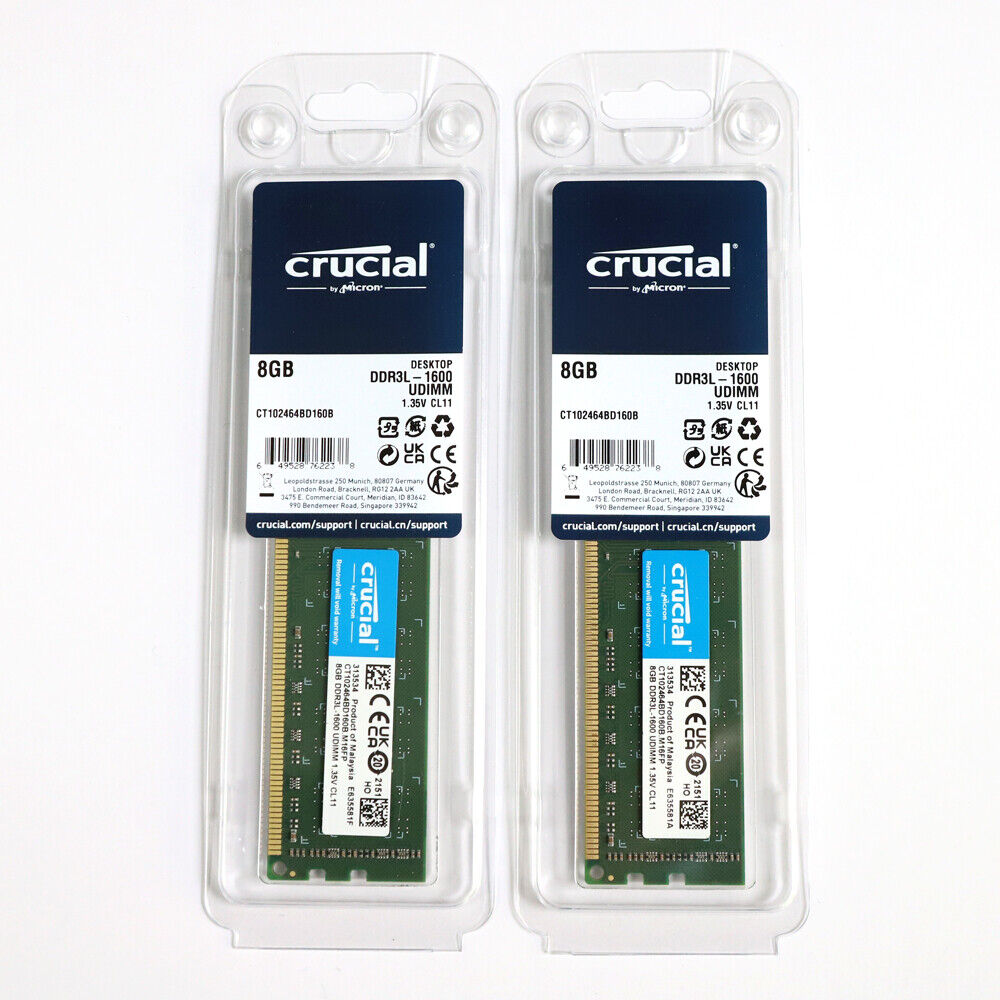 Crucial 16GB (2x 8GB) Kit 1600MHz DDR3L CT102464BD160B PC3L-12800 Desktop Memory