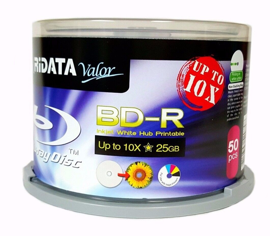 50 RIDATA Valor BluRay Up to 10X Blank BD-R 25GB White Inkjet Hub Printable Disc