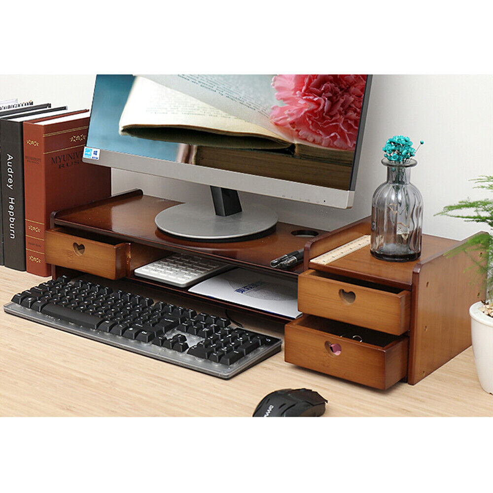 Large Monitor Stand for Computer Screens Solid Bamboo Riser Natural Wood NEW