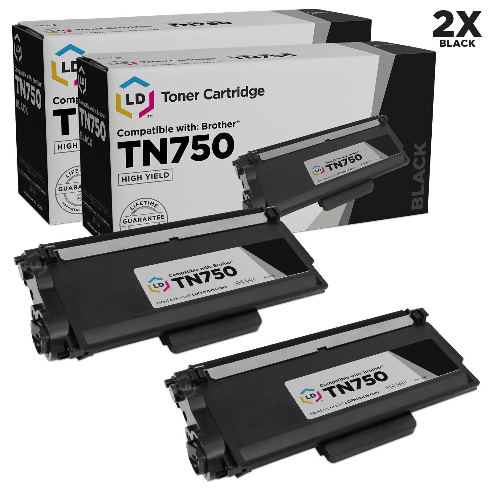 LD 2 Pack TN750 Black Laser HY Toner Cartridge for Brother MFC-8810DW DCP-8155DN