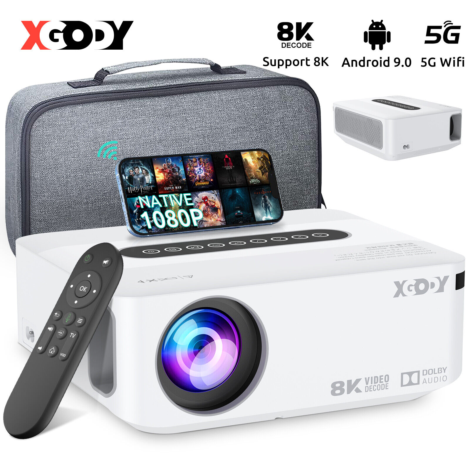 XGODY 12000 Lumens 8K 1080P HD Mini WiFi LED Home Theater Movie Projector Cinema