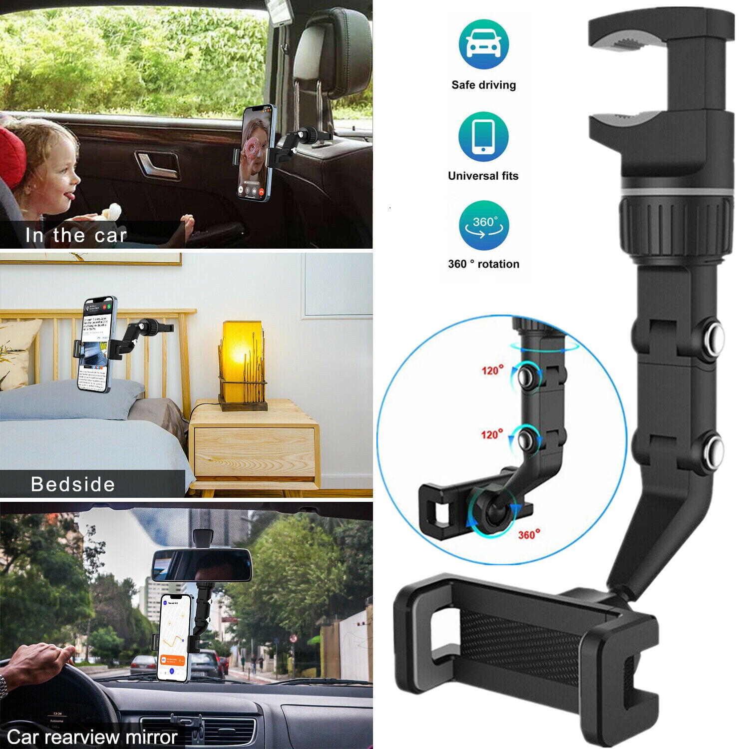 360° Rotation Adjustable Cell Phone Holder Car Rearview Mirror Mount Universal