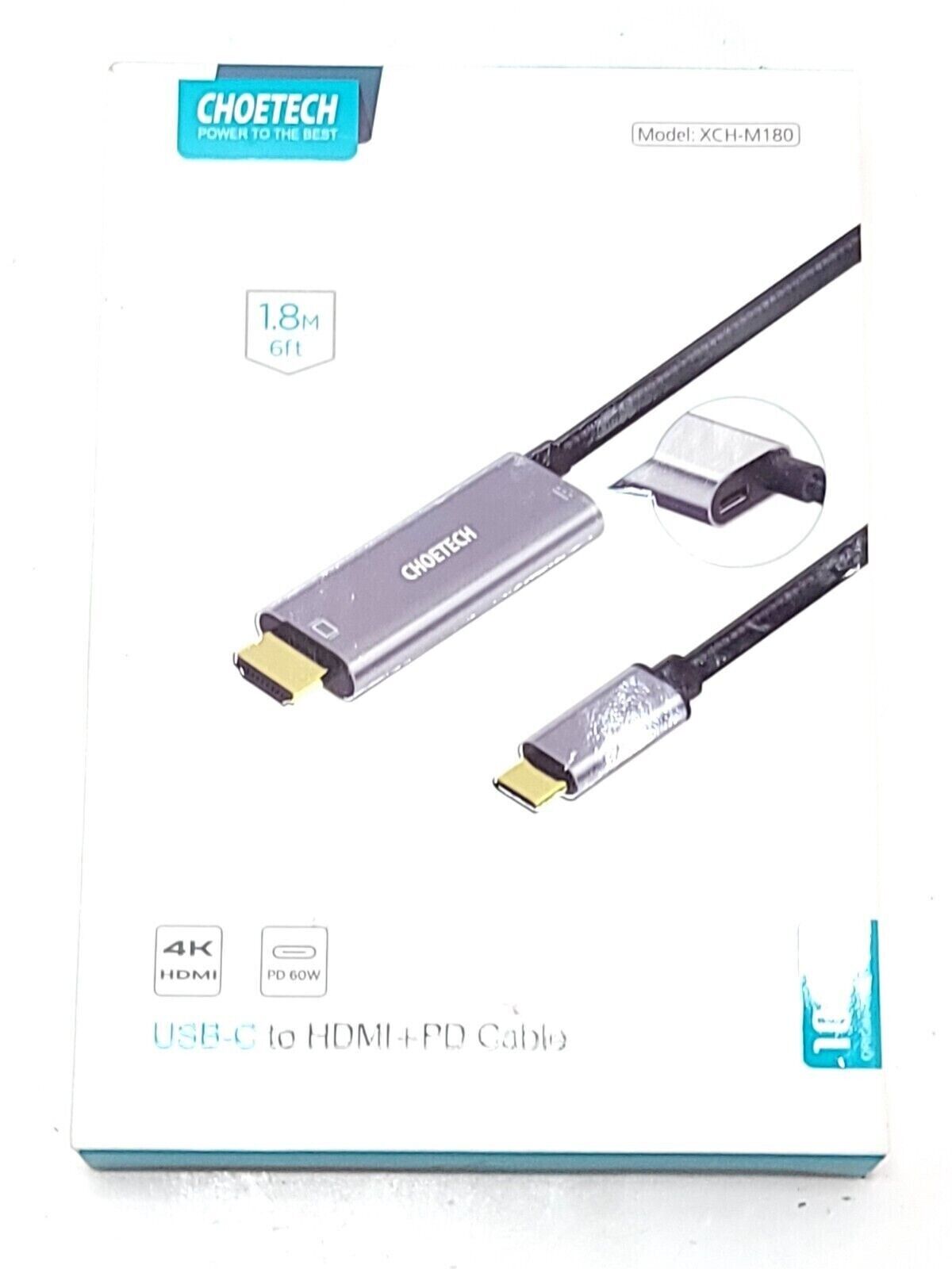 Brand New Choetech XCH-M180 USB-C To HDMI PD Cable 6ft 1.8M Silver 