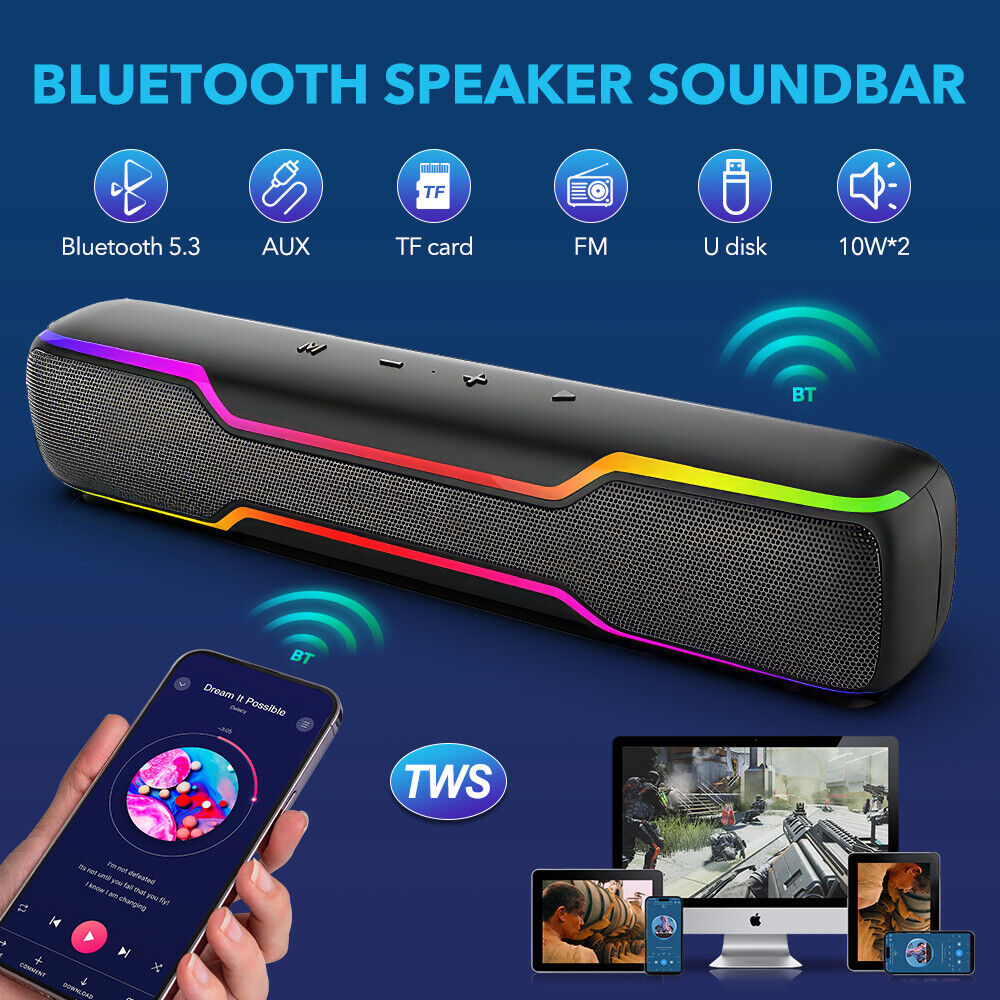 20W Bluetooth RGB Gaming Computer Speaker Deep Bass for PC Laptop TWS Sound Bar