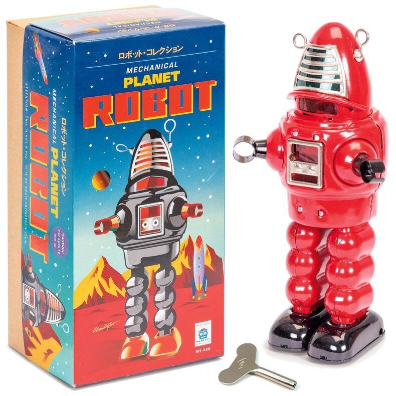 Tin Mechanical Planet Robot - Red  - Fun Clockwork Traditional Collectible Toy