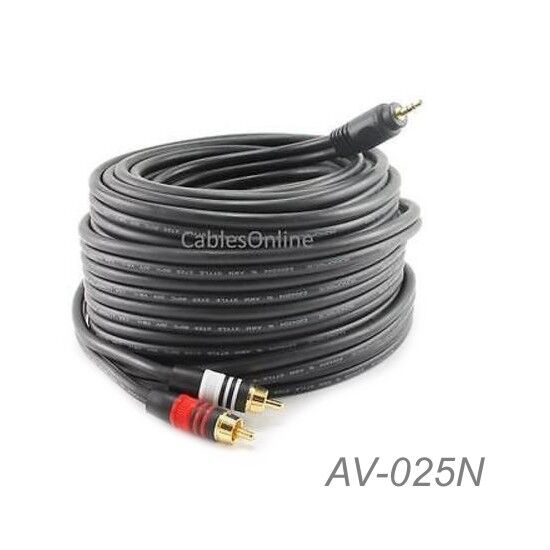 25ft Premium 3.5mm Stereo Plug to 2-RCA Gold-Plated Audio 22AWG Cable AV-025N