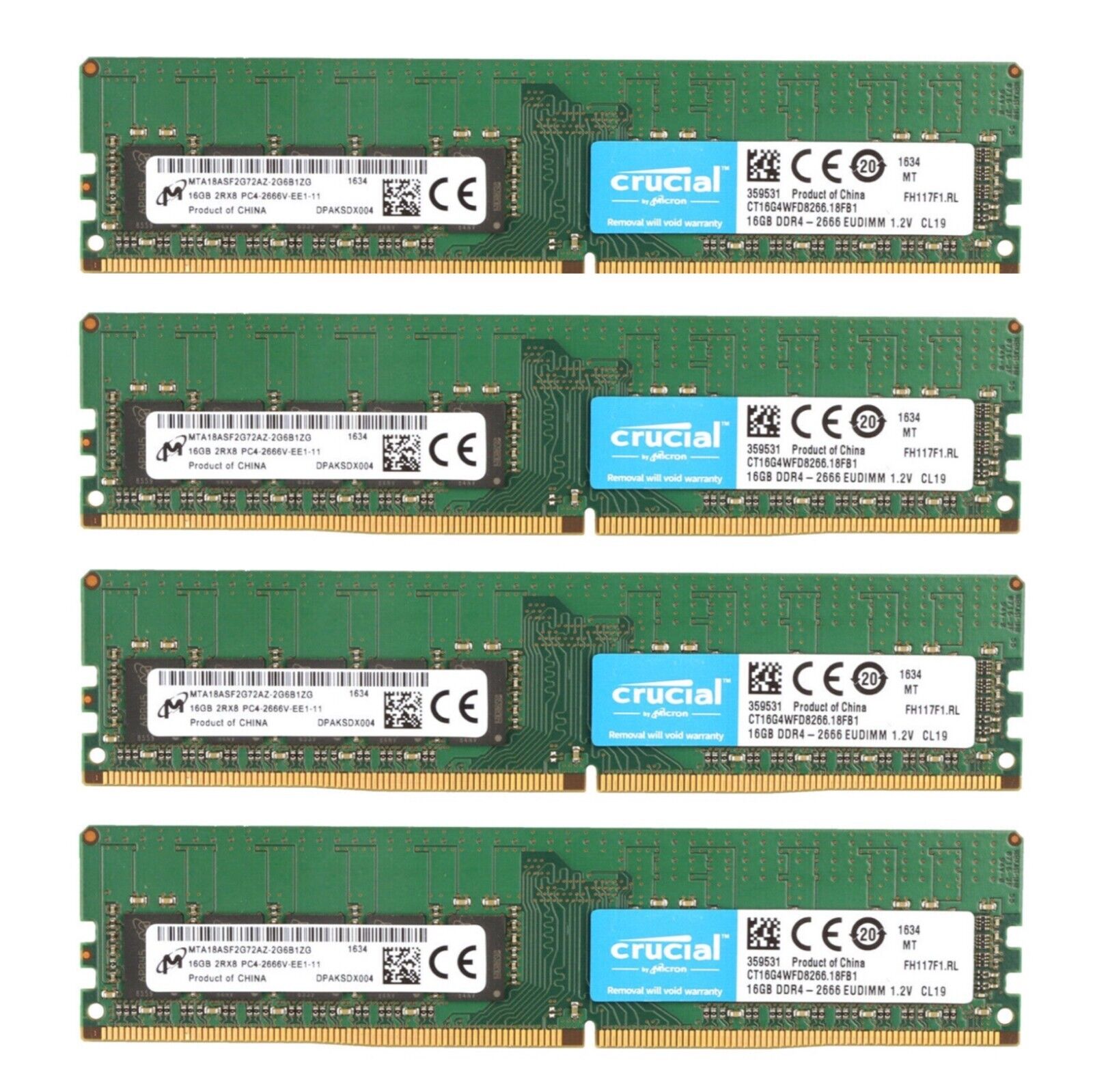 Crucial 64GB (4X16GB) DDR4 2666MHz PC4-21300 2RX8 ECC UDIMM Memory CT16G4WFD8266