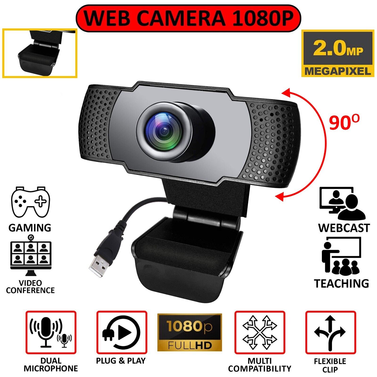 2MP Webcam Full HD 1080P for PC Desktop/Laptop Auto Focus Web Camera with MIC
